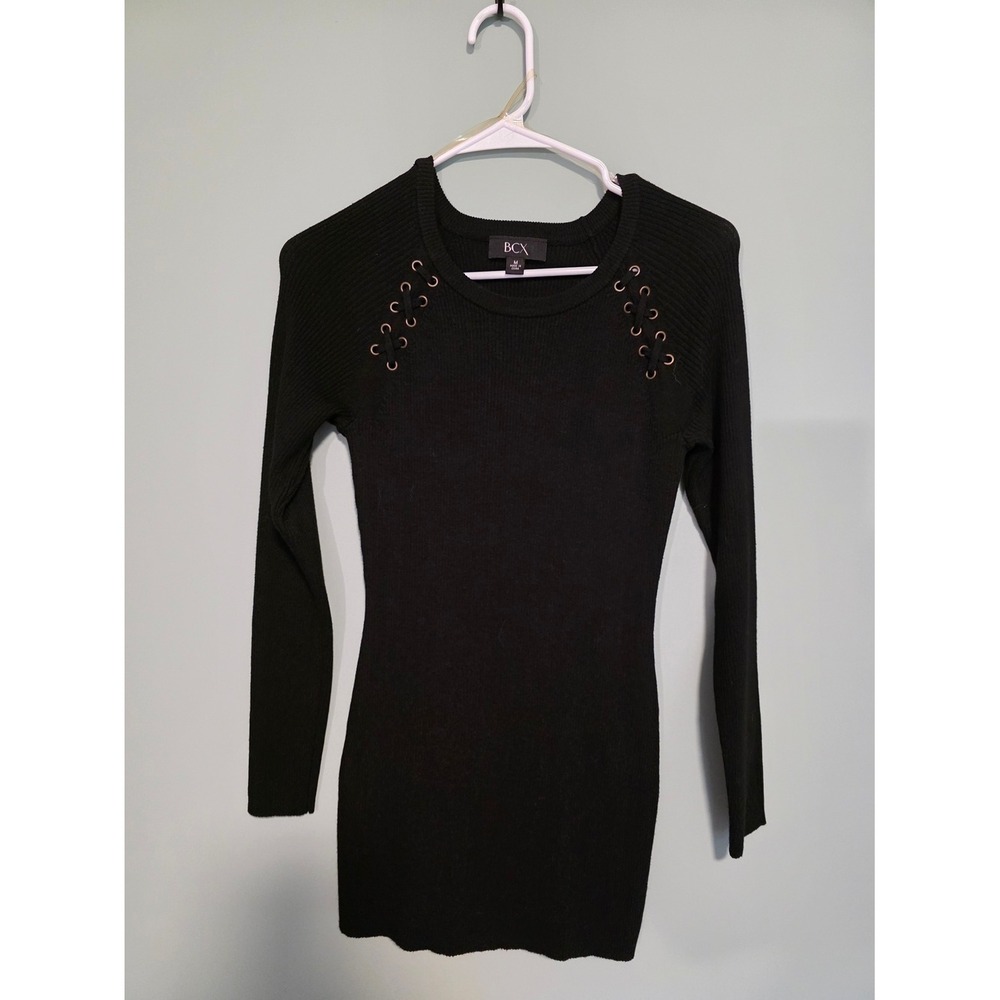 BCX Black Ribbed Lace-Up Shoulder Sweater Dress Long Sleeve Mini Goth M